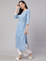 Women Blue Ethnic Printed Straight Kurta with Three Quarter Sleeves