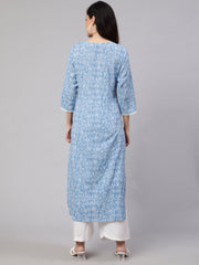 Women Blue Ethnic Printed Straight Kurta with Three Quarter Sleeves