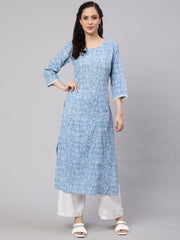 Women Blue Ethnic Printed Straight Kurta with Three Quarter Sleeves