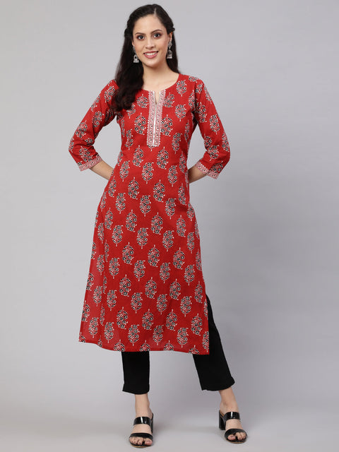 Women Maroon Printed Straight Kurta With Three Quarter Sleeves