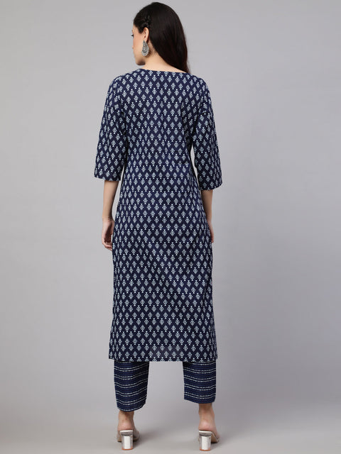 Women Navy Blue Printed Straight Kurta With Trouser