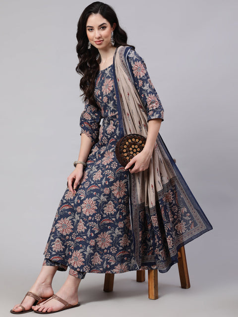 Women Blue Floral Printed Anarkali Kurta With Trouser And Dupatta