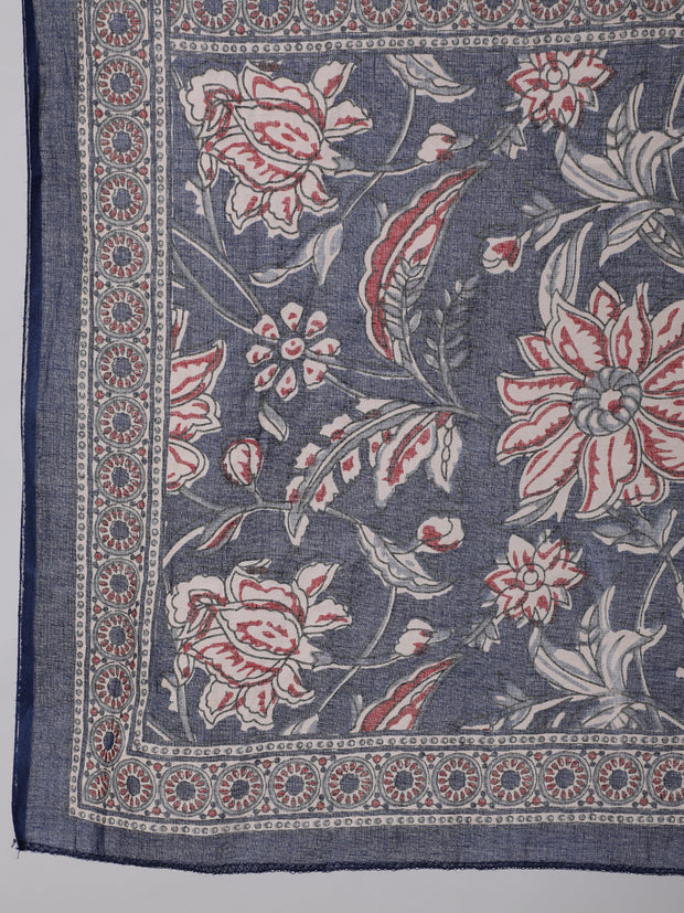 Women Blue Floral Printed Anarkali Kurta With Trouser And Dupatta