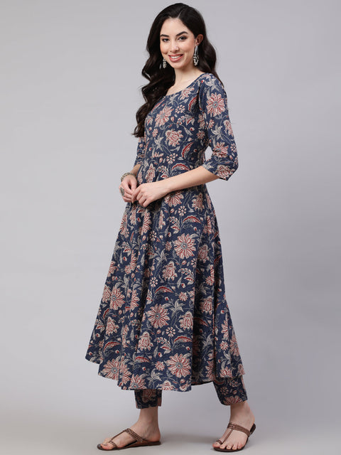 Women Blue Floral Printed Anarkali Kurta With Trouser And Dupatta