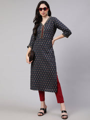 Women Blue Ethnic Printed Straight Kurta with Three Quarter Sleeves