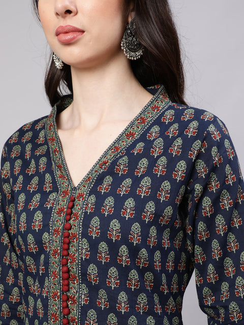 Women Blue Ethnic Printed Straight Kurta with Three Quarter Sleeves