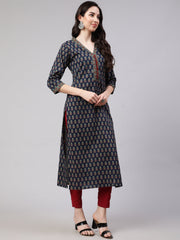 Women Blue Ethnic Printed Straight Kurta with Three Quarter Sleeves