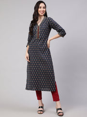 Women Blue Ethnic Printed Straight Kurta with Three Quarter Sleeves