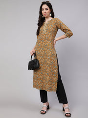 Wome Mustrad Printed Straight Kurta Three Quarter Sleeves