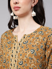 Wome Mustrad Printed Straight Kurta Three Quarter Sleeves