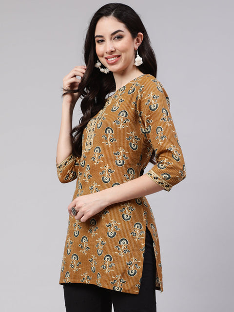 Women Mustard Straight Tunic With Three Quaretr Sleeves