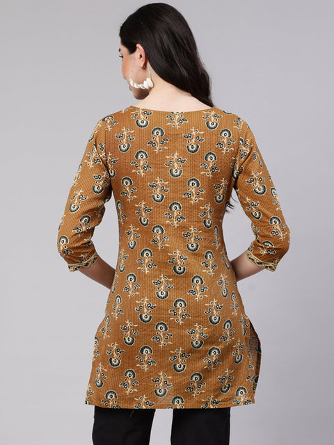 Women Mustard Straight Tunic With Three Quaretr Sleeves