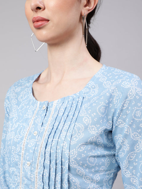 Women Blue Straight Tunic With Three Quaretr Sleeves