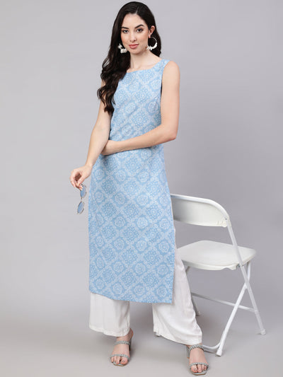 Women Blue Ethnic Printed Straight Sleevless Kurta