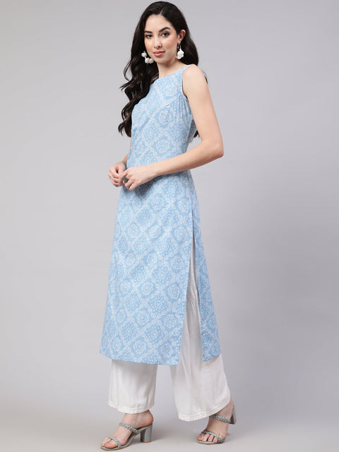 Women Blue Ethnic Printed Straight Sleevless Kurta