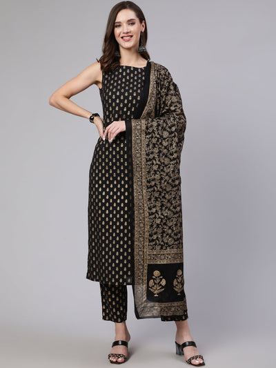 Women Black Printed Straight Kurta With Trouser And Dupatta