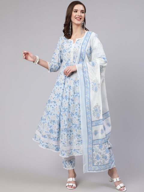 Women Blue Floral Printed Anarkali Kurta With Trouser And Dupatta