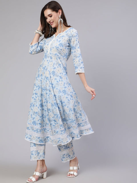 Women Blue Floral Printed Anarkali Kurta With Trouser And Dupatta