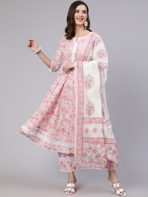 Women Pink Floral Printed Anarkali Kurta With Trouser And Dupatta