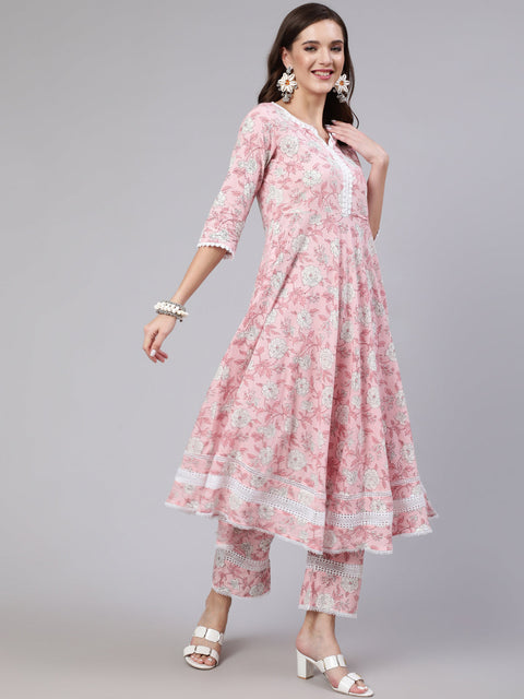 Women Pink Floral Printed Anarkali Kurta With Trouser And Dupatta