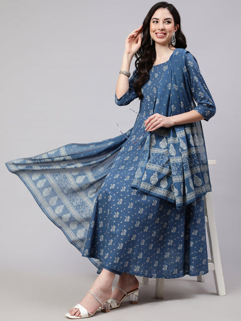 Women Blue Floral Printed Anarkali Kurta With Trouser And Dupatta