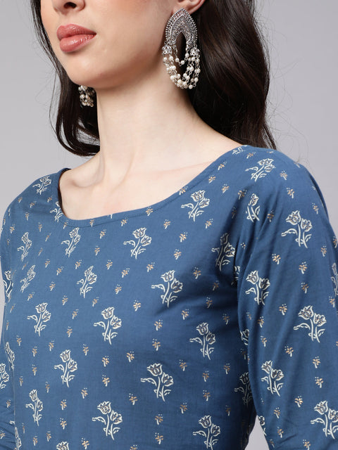 Women Blue Floral Printed Anarkali Kurta With Trouser And Dupatta