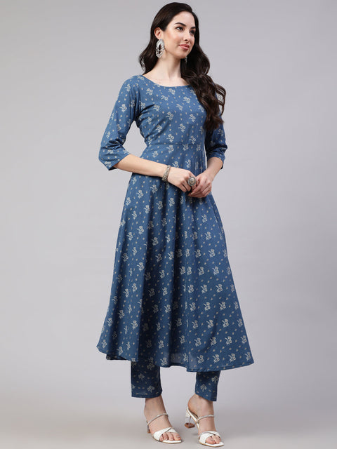 Women Blue Floral Printed Anarkali Kurta With Trouser And Dupatta