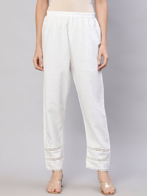 Women White Solid Pant With Lace Details