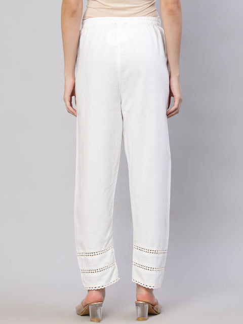 Women White Solid Pant With Lace Details