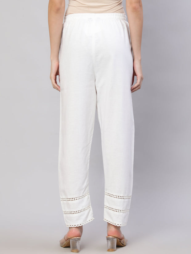 Women White Solid Pant With Lace Details