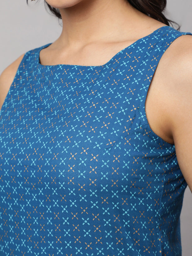 Women Blue Printed Straight Sleeveless Kurta