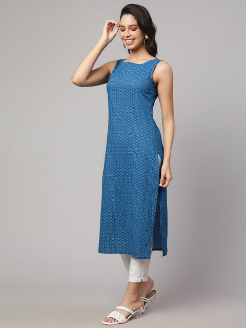 Women Blue Printed Straight Sleeveless Kurta