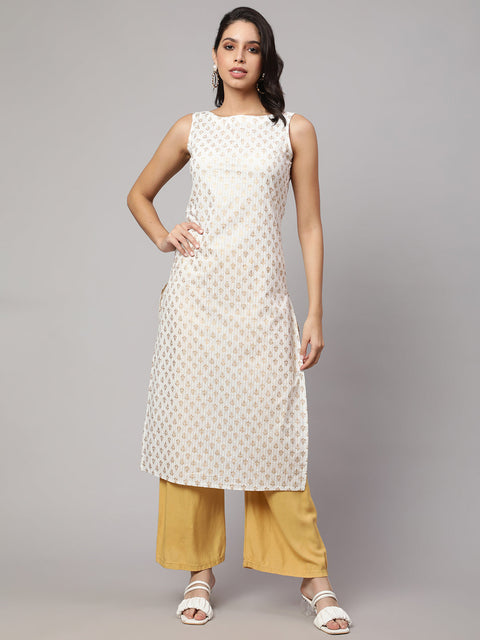 Women White Gold Printed Straight Sleeveless Kurta