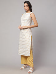 Women White Gold Printed Straight Sleeveless Kurta