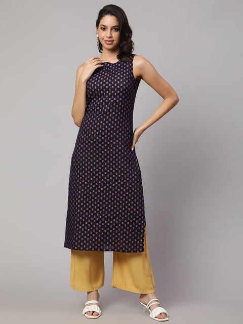 Women Navy Blue Printed Straight Sleeveless Kurta