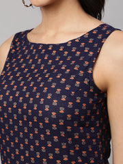 Women Navy Blue Printed Straight Sleeveless Kurta