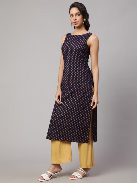 Women Navy Blue Printed Straight Sleeveless Kurta