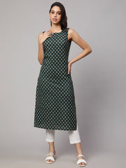 Women Green Ethnic Printed Straight Sleevless Kurta