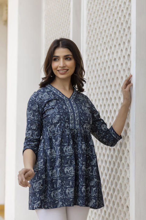 Women Navy Blue Floral Printed Peplum Tunic