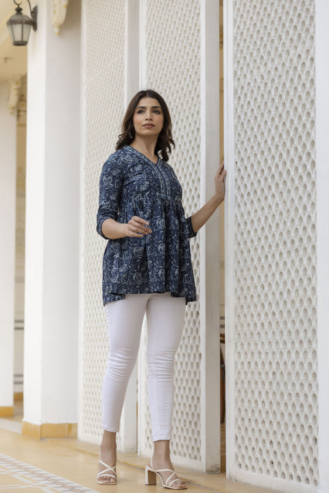 Women Navy Blue Floral Printed Peplum Tunic