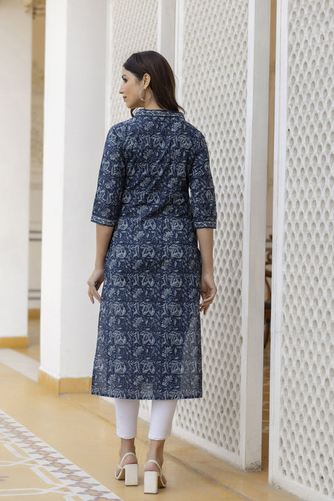 Women Navy Blue Floral Printed Straight Kurta with Three Quarter Sleeves