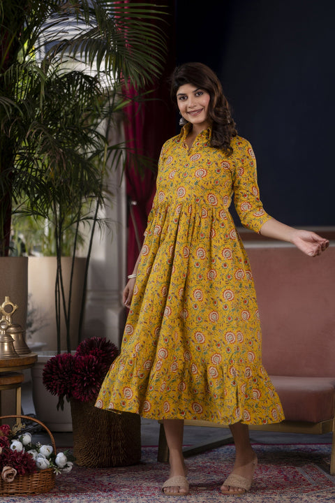 Women Yellow Floral Printed Flared Dress