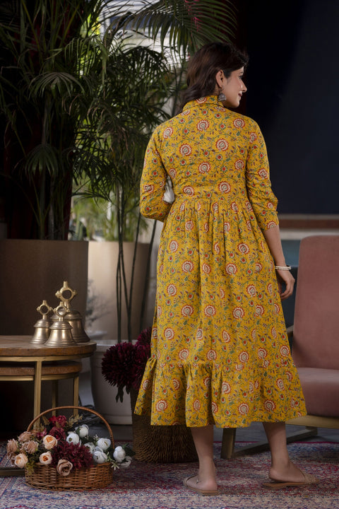 Women Yellow Floral Printed Flared Dress