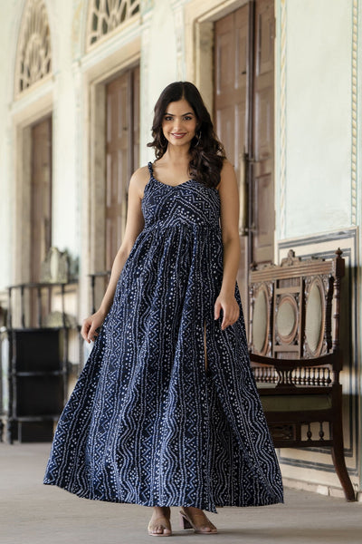 Women Navy Blue Bandhani Printed Sleeveless Dress