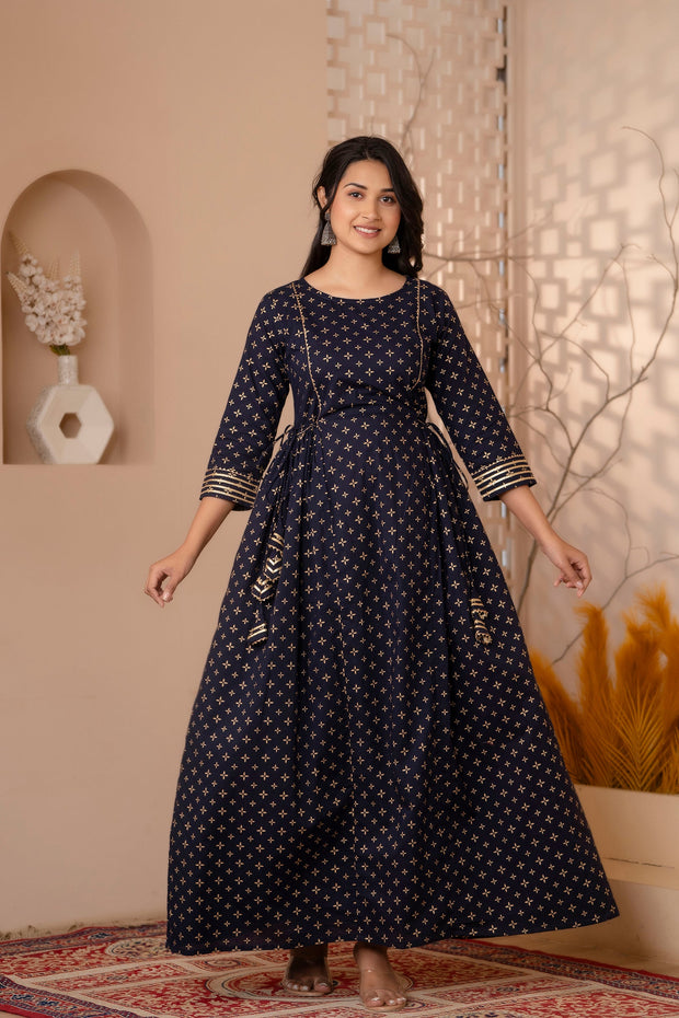 Women Navy Blue Gold Printed Flared Dress With Three quarter Sleeves