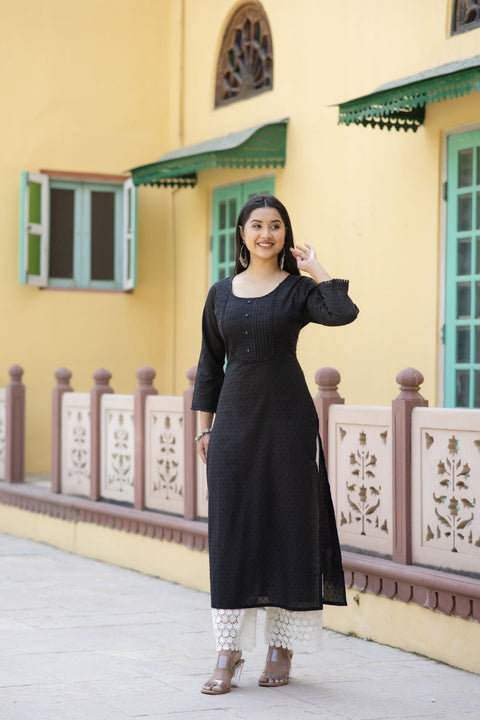 Women Black Doby Straight Kurta with three quarter sleeves