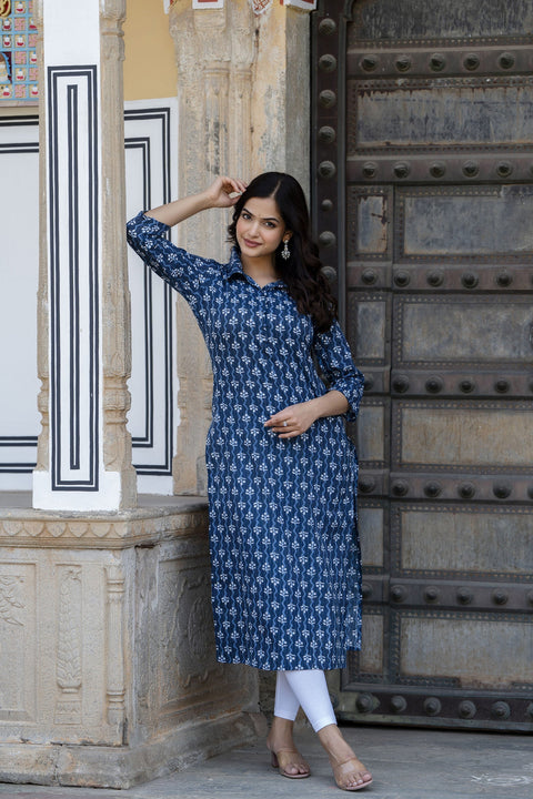 Women Blue Printed Straight Kurta with Three Quarter Sleeves