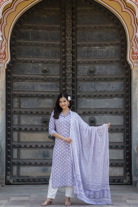 Women Purple Printed Straight Kurta And Trouser With Dupatta