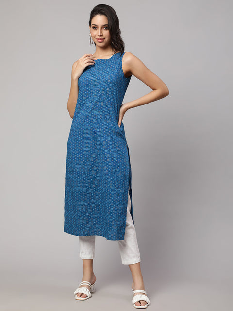 Women Blue Printed Straight Sleeveless Kurta