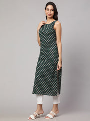 Women Green Ethnic Printed Straight Sleevless Kurta